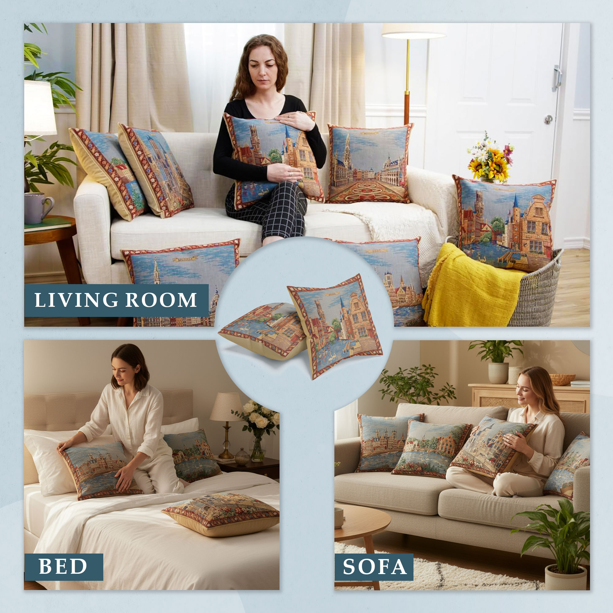 Brugge Rozenhoekaai European Tapestry Pillow Cover 18x18 Inch Cotton Cushion Cover