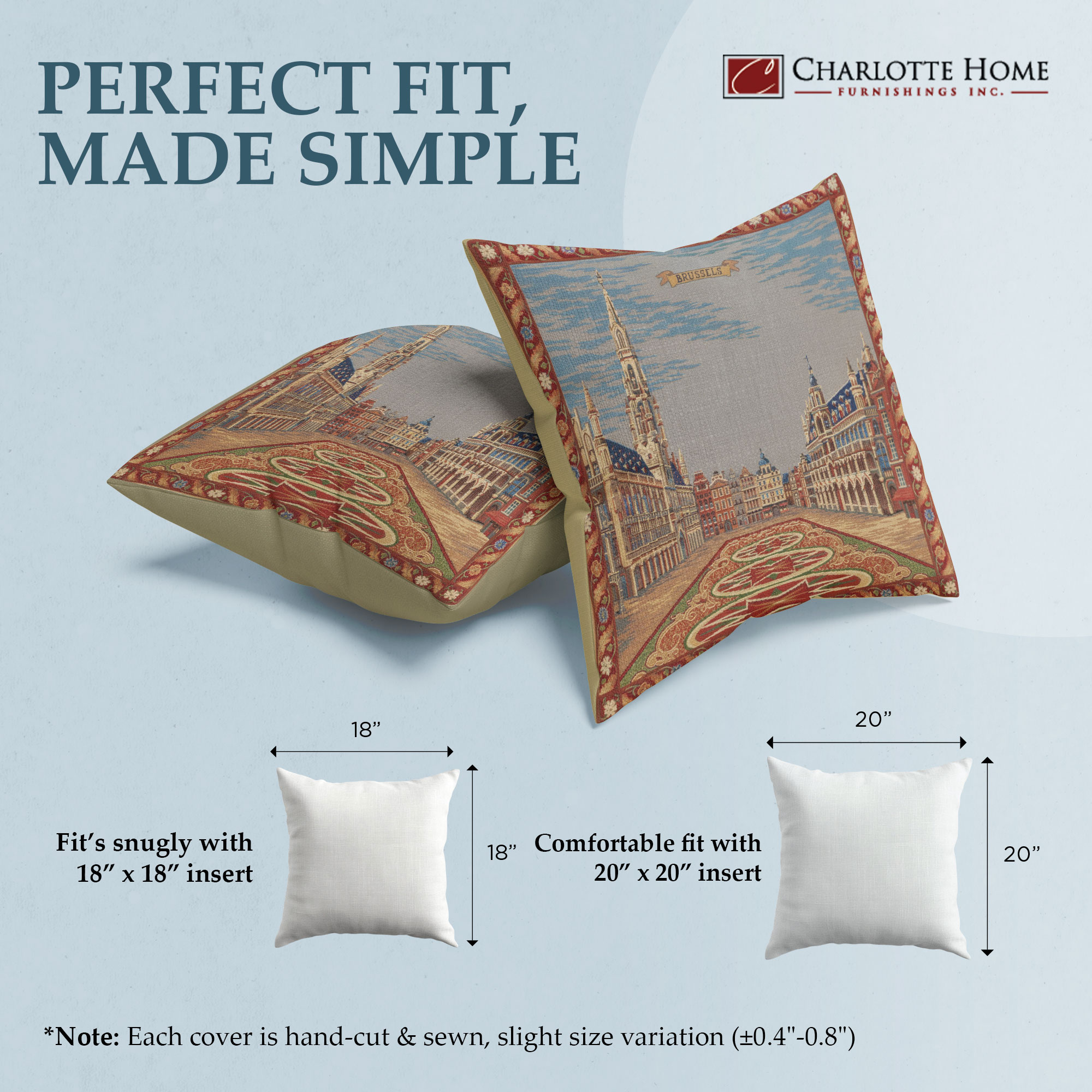 Brussel,European Cushion Cover, 18 in. x 18 in.,Cotton/Wool/Viscose, by Charlotte Home Furnishings