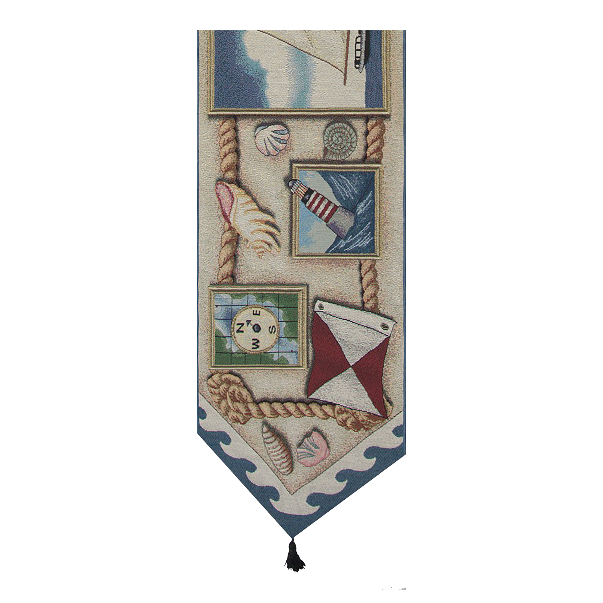 Nautical Scene I Black Tassels Jacquard Woven Table Runner 70x13 Inch Coastal Decor