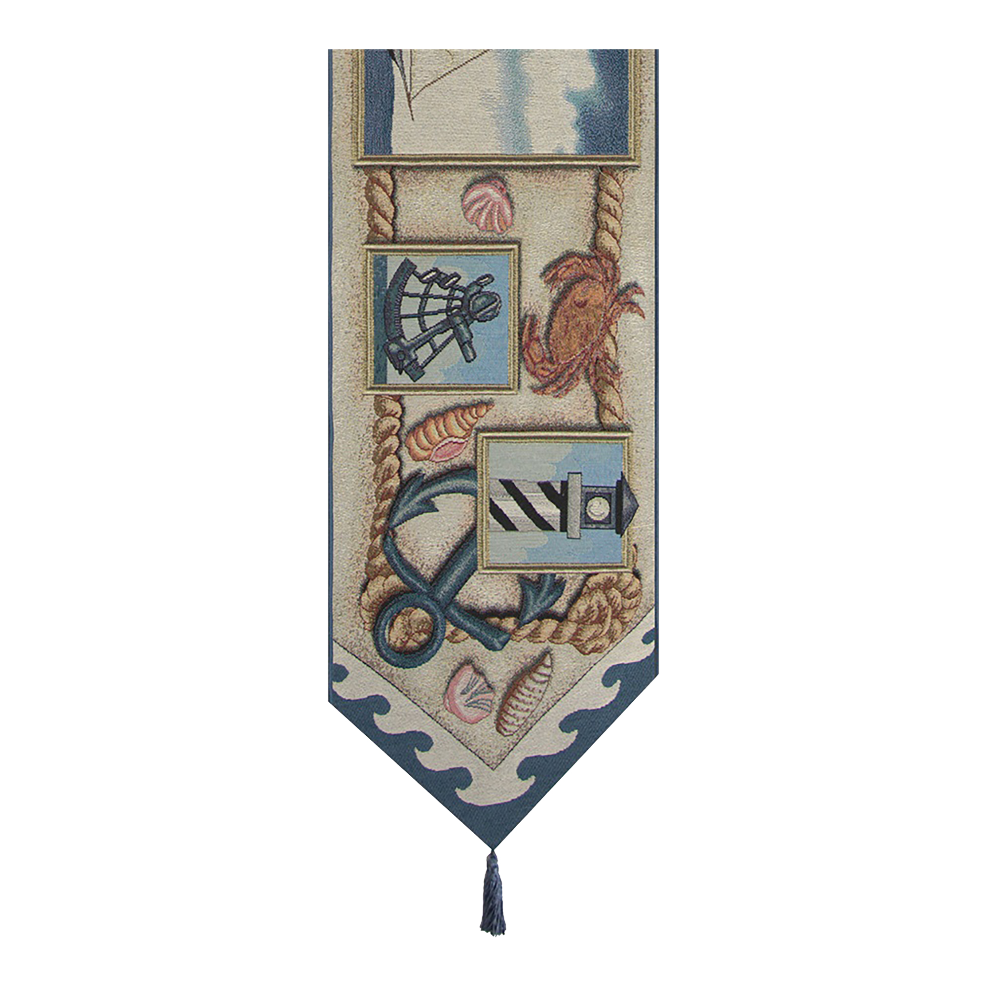 Nautical Scene I Blue Tassel Jacquard Woven Table Runner 70x13 Inch Coastal Decor