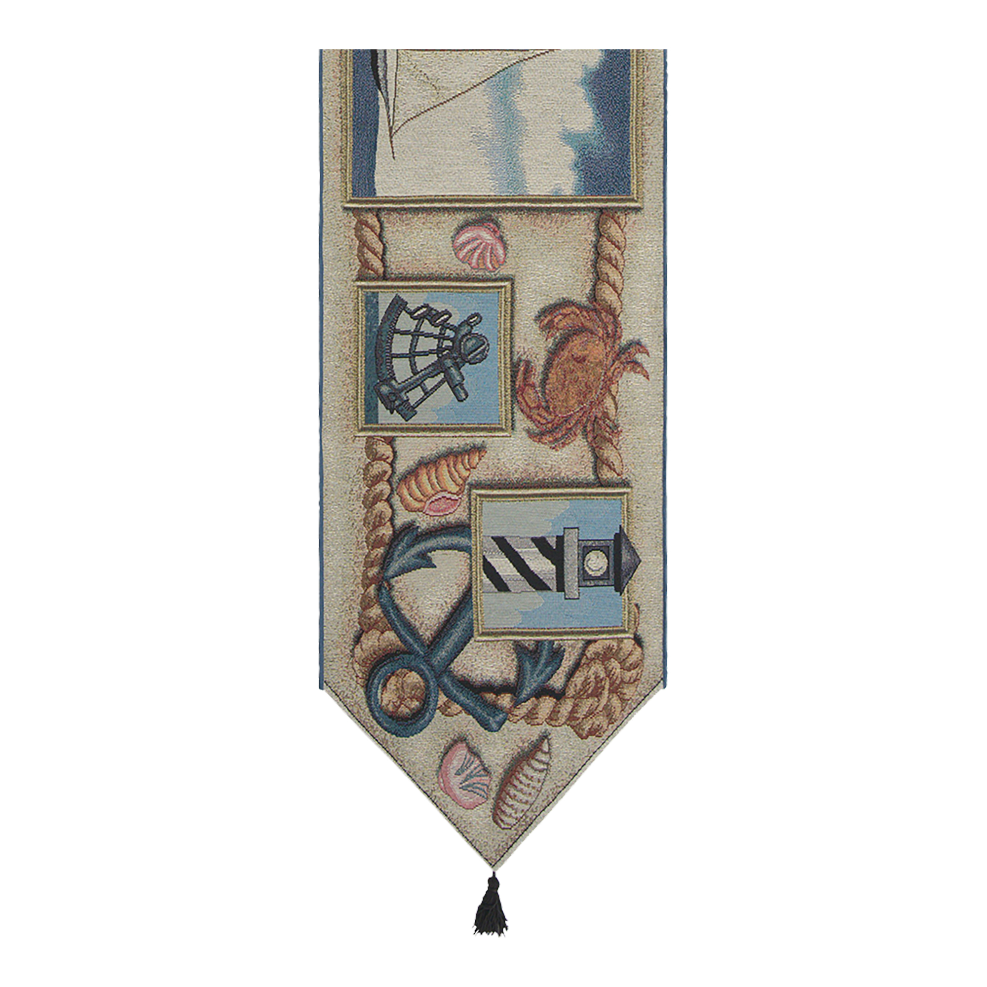Nautical Scene III Black Tassels Jacquard Woven Table Runner 64x13 Inch Coastal Decor