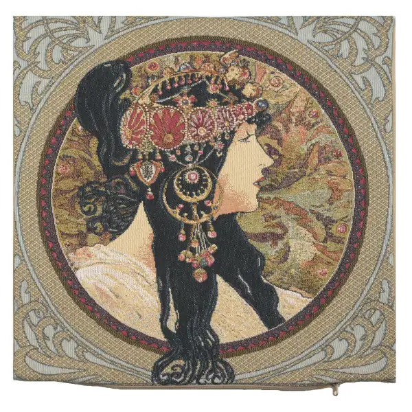 Brunette Belgian Cushion Cover - 18 in. x 18 in. Cotton/Viscose/Polyester by Alphonse Mucha | Close Up 1