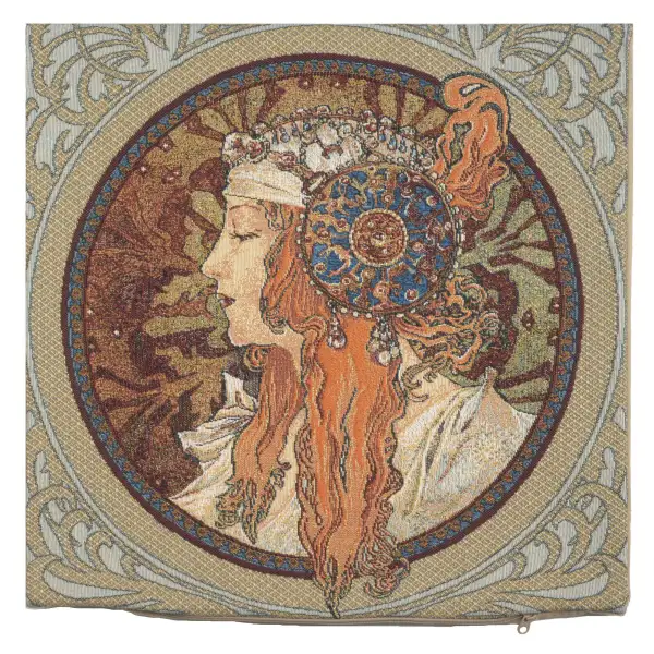 Rousse Belgian Cushion Cover - 18 in. x 18 in. Cotton/Viscose/Polyester by Alphonse Mucha | Close Up 1