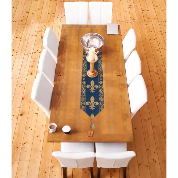 Fleur De Lys Blue V Belgian Table Runner | Life Style 1