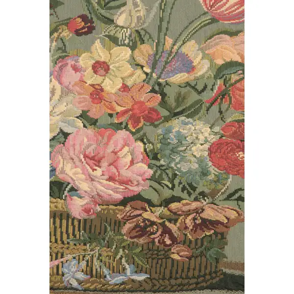 Flower Basket Green II Belgian Tapestry Wall Hanging | Close Up 2