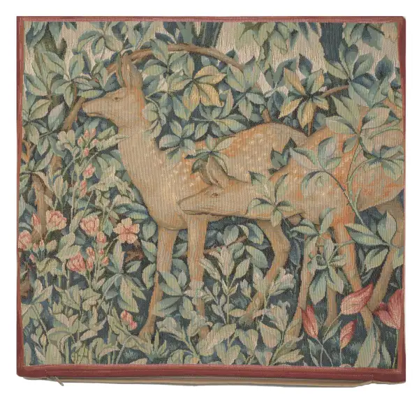 C Charlotte Home Furnishings Inc Two Does in A Forest Large French Tapestry Cushion - 19 in. x 19 in. Cotton by William Morris | Close Up 1