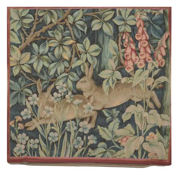 C Charlotte Home Furnishings Inc Two Hares in A Forest Large French Tapestry Cushion - 19 in. x 19 in. Cotton by William Morris | Close Up 1