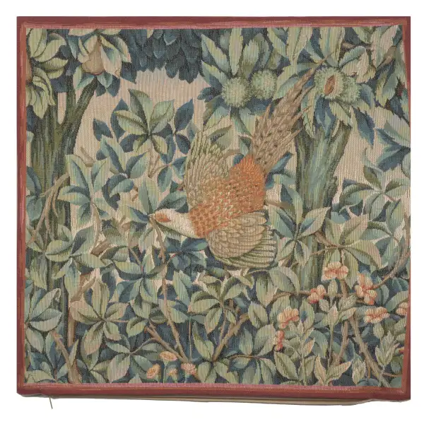 C Charlotte Home Furnishings Inc A Pheasant in A Forest Large French Tapestry Cushion - 19 in. x 19 in. Cotton by William Morris | Close Up 1
