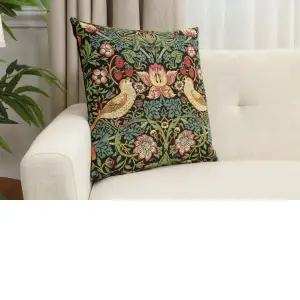 Strawberry Thief A Black By William Morris Belgian Cushion Cover - 18 in. x 18 in. Cotton/Viscose/Polyester by William Morris
