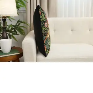 Strawberry Thief A Black By William Morris Belgian Cushion Cover - 18 in. x 18 in. Cotton/Viscose/Polyester by William Morris