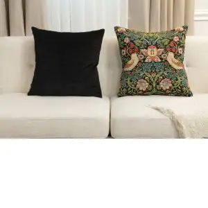 Strawberry Thief A Black By William Morris Belgian Cushion Cover - 18 in. x 18 in. Cotton/Viscose/Polyester by William Morris