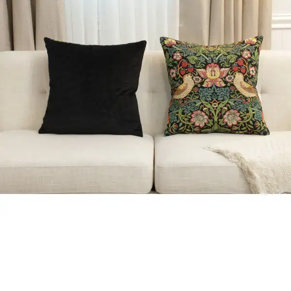 Strawberry Thief A Black by William Morris Belgian Sofa Pillow Cover | Close Up 5