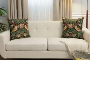 Strawberry Thief A Black By William Morris Belgian Cushion Cover - 18 in. x 18 in. Cotton/Viscose/Polyester by William Morris