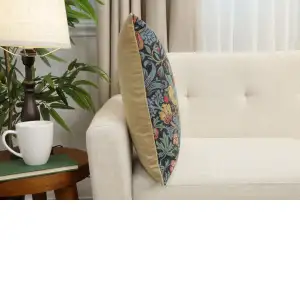 Strawberry Thief B Blue By William Morris Belgian Cushion Cover - 18 in. x 18 in. Cotton/Viscose/Polyester by William Morris