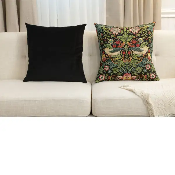 Strawberry Thief B Black by William Morris Belgian Sofa Pillow Cover | Close Up 5