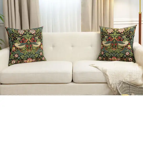 Strawberry Thief B Black by William Morris Belgian Sofa Pillow Cover | Close Up 5