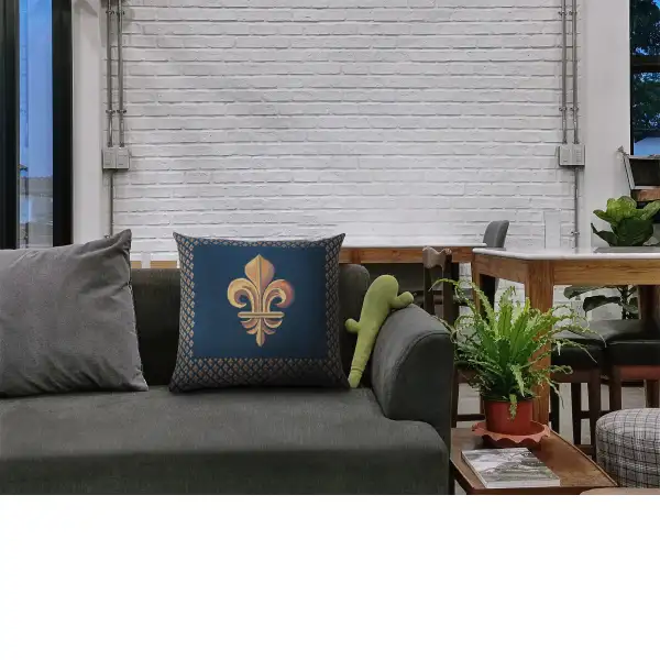 Framed Fleur de Lys Blue Cushion | Life Style 1