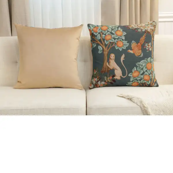 Lion and Pheasant Forest Blue French Couch Cushion | Close Up 5