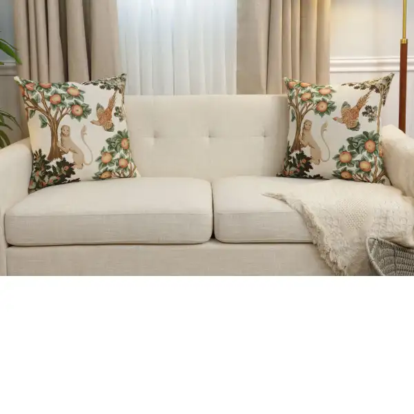 Lion And Pheasant Forest White Tapestry Cushion Cover - 19 in. x 19 in. Cotton by Charlotte Home Furnishings Inc | Close Up 5