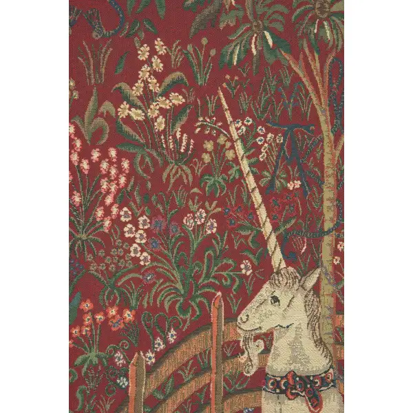 Unicorn In Captivity Red  Belgian Tapestry | Close Up 1