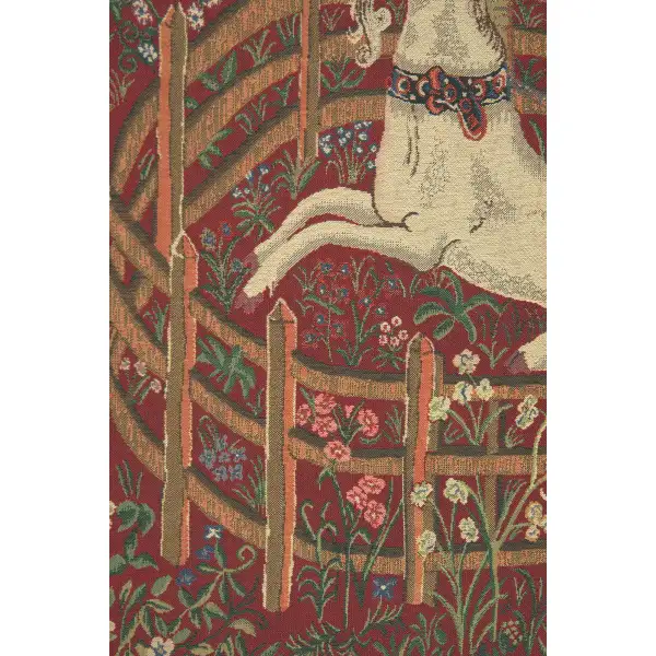 Unicorn In Captivity Red  Belgian Tapestry | Close Up 2