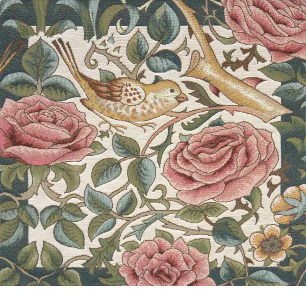 Zoom Bird and Roses White Cushion | Close Up 1