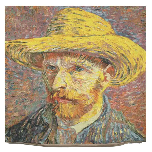 Van Gogh's Self Portrait With Straw Hat Large Belgian Cushion Cover - 18 in. x 18 in. Cotton/Viscose/Polyester by Vincent Van Gogh | Close Up 1