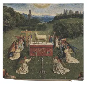The Lamb Of God Belgian Cushion Cover - 18 in. x 18 in. Cotton/Viscose/Polyester by Jan and Hubert van Eyck
