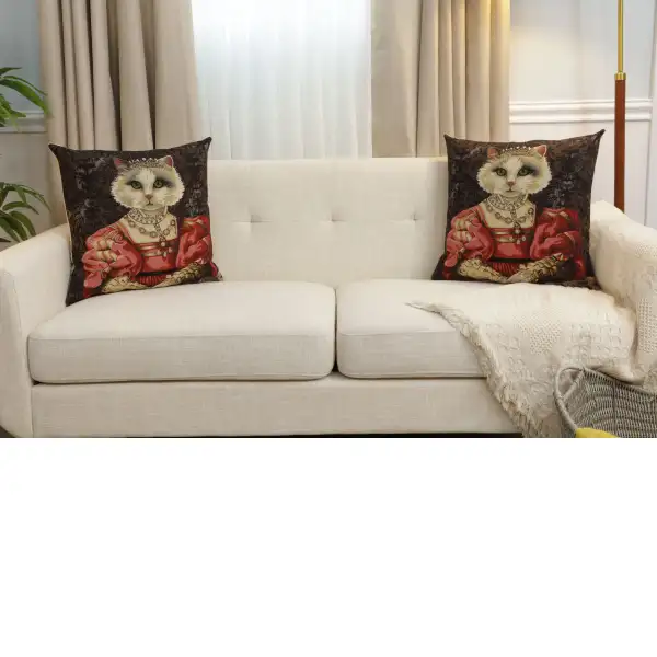 Cat With Crown A Belgian Cushion Cover - 18 in. x 18 in. Cotton by Charlotte Home Furnishings Inc | Close Up 5