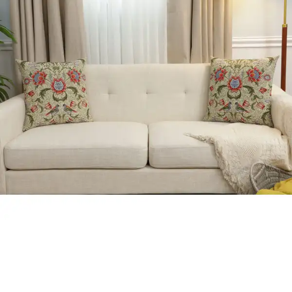 Birds And Flowers Green Cushion Cover - 18 in. x 18 in. Cotton/Polyester/Acrylic by Charlotte Home Furnishings Inc | Close Up 5