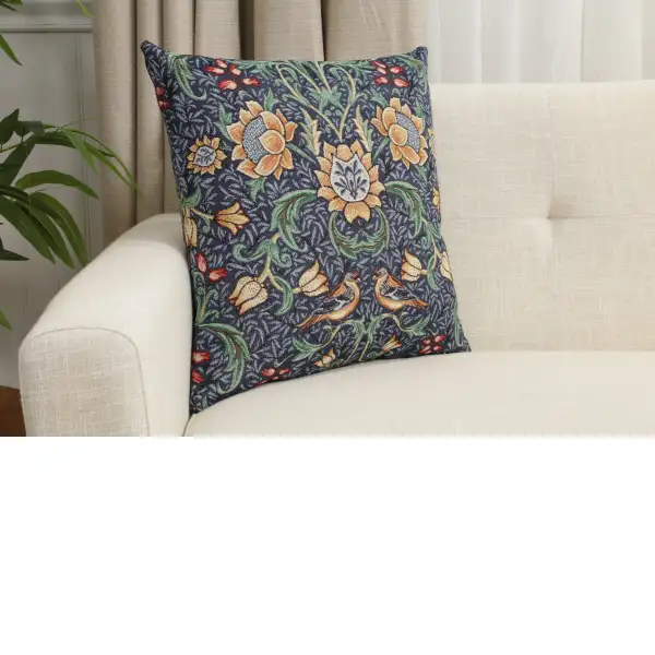 Birds And Flowers Dark Blue Cushion Cover - 18 in. x 18 in. Cotton/Polyester/Acrylic by Charlotte Home Furnishings Inc | Close Up 1