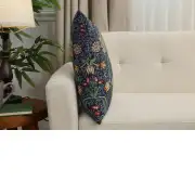 Birds and Flowers Dark Blue Cushion Cover | Close Up 2