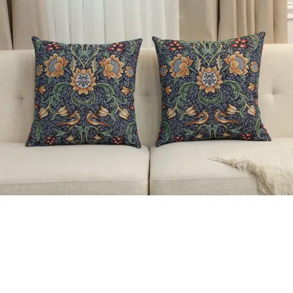 Birds And Flowers Dark Blue Cushion Cover - 18 in. x 18 in. Cotton/Polyester/Acrylic by Charlotte Home Furnishings Inc | Close Up 5