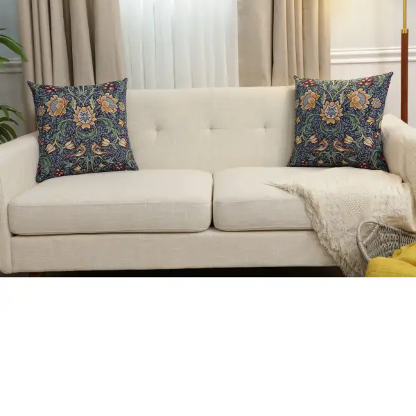 Birds And Flowers Dark Blue Cushion Cover - 18 in. x 18 in. Cotton/Polyester/Acrylic by Charlotte Home Furnishings Inc | Close Up 5