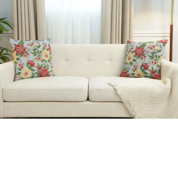 Zinnia Blue Cushion Cover - 18 in. x 18 in. Cotton/Polyester/Acrylic by Charlotte Home Furnishings Inc | Close Up 5