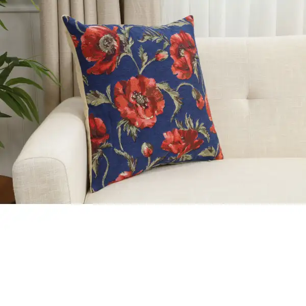 Coquelicots Blue Belgian Cushion Cover - 18 in. x 18 in. Cotton by Charlotte Home Furnishings Inc | Close Up 1