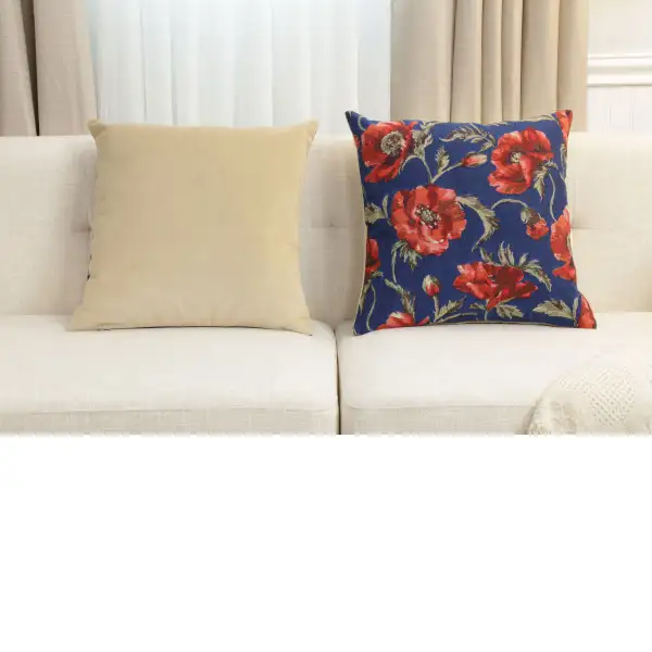 Coquelicots Blue Belgian Cushion Cover - 18 in. x 18 in. Cotton by Charlotte Home Furnishings Inc | Close Up 5