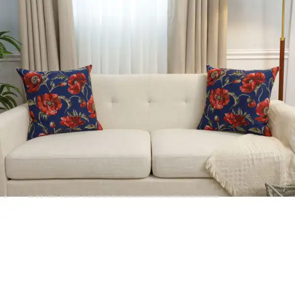 Coquelicots Blue Belgian Cushion Cover - 18 in. x 18 in. Cotton by Charlotte Home Furnishings Inc | Close Up 5