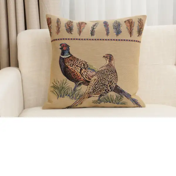 Pheasants Facing Left Belgian Cushion Cover - 18 in. x 18 in. Cotton by Charlotte Home Furnishings Inc | Close Up 1