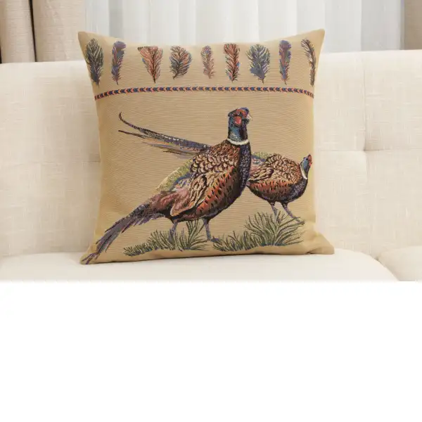 Pheasants Facing Right Belgian Cushion Cover - 18 in. x 18 in. Cotton by Charlotte Home Furnishings Inc | Close Up 1