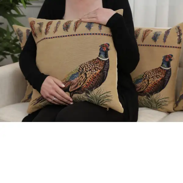 Pheasant Single Belgian Cushion Cover - 18 in. x 18 in. Cotton by Charlotte Home Furnishings Inc | Close Up 1