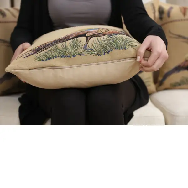 Pheasant Single Belgian Cushion Cover - 18 in. x 18 in. Cotton by Charlotte Home Furnishings Inc | Close Up 2