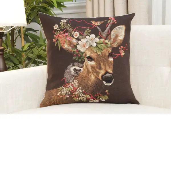 Forest Stag Brown Belgian Sofa Pillow Cover | Close Up 1
