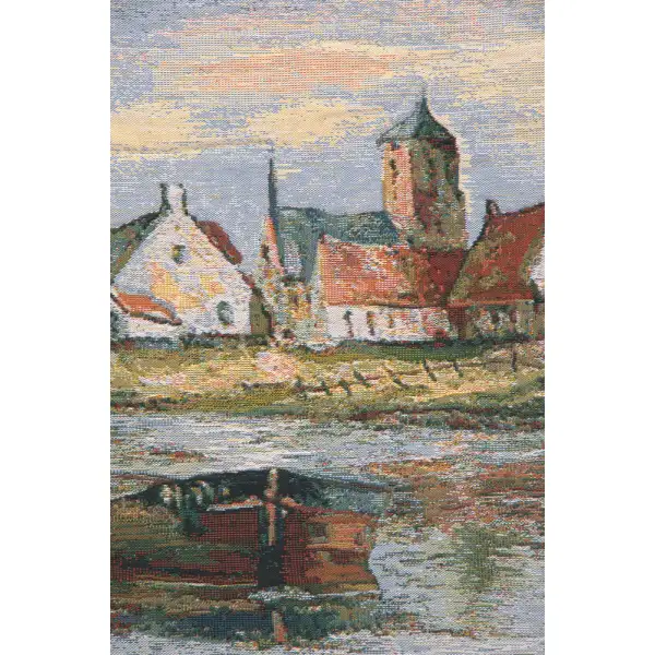 Riverside Flemish Village Belgian Tapestry Wall Hanging | Close Up 1