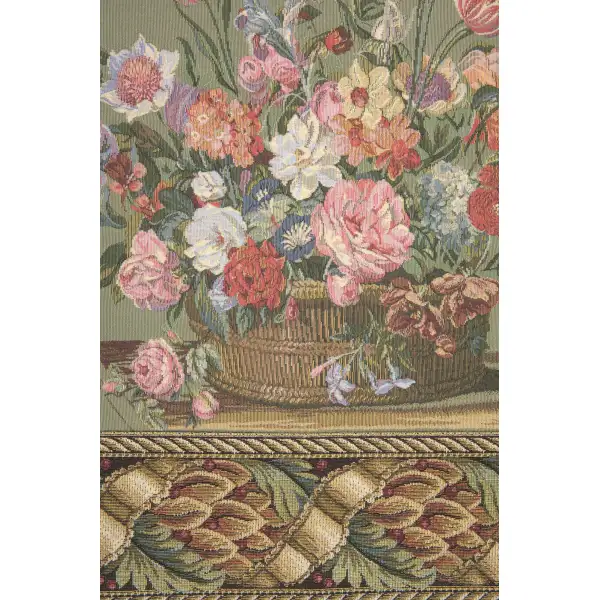 Flower Basket Green Belgian Tapestry Wall Hanging | Close Up 1