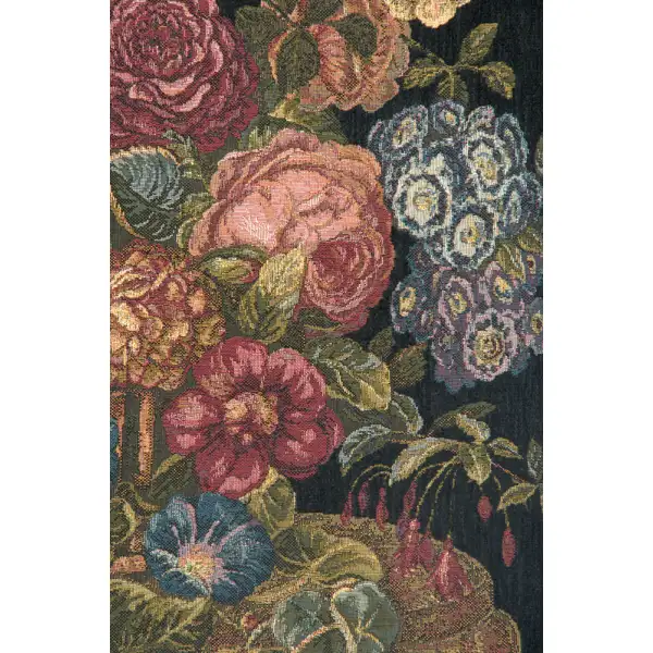 Flower Basket with Black Chenille Background Italian Tapestry | Close Up 2