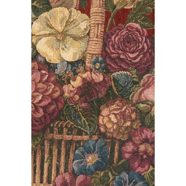 Flower Basket with Burgundy Chenille Background Italian Tapestry | Close Up 1