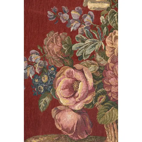 Flower Basket with Burgundy Chenille Background Italian Tapestry | Close Up 2