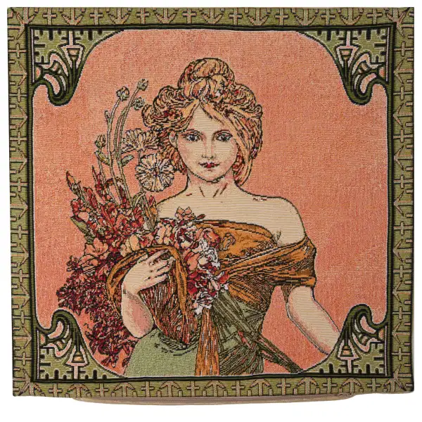 C Charlotte Home Furnishings Inc Mucha Spring I European Cushion Cover - 18 in. x 18 in. Cotton by Alphonse Mucha | Close Up 1