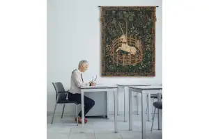 Unicorn In Captivity II (With Border) Belgian Wall Tapestry